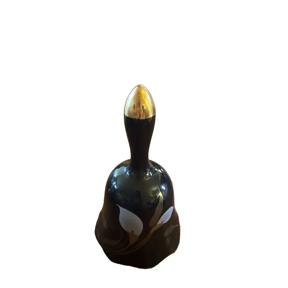 Vintage Otagiri Japan Black Gold Floral Ceramic Table Bell Pull Chain